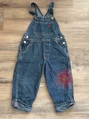 Vintage Y2K Oshkosh B’gosh vestbak cuffed denim overalls floral embroidery sz 3t